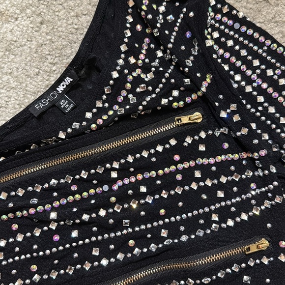Fashion Nova one shoulder black sexy dress with rhinestones and zippers - Picture 2 of 3